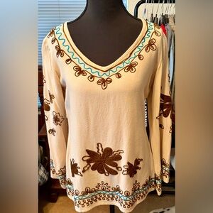Scully Embroidered Cream and Brown Women's Top